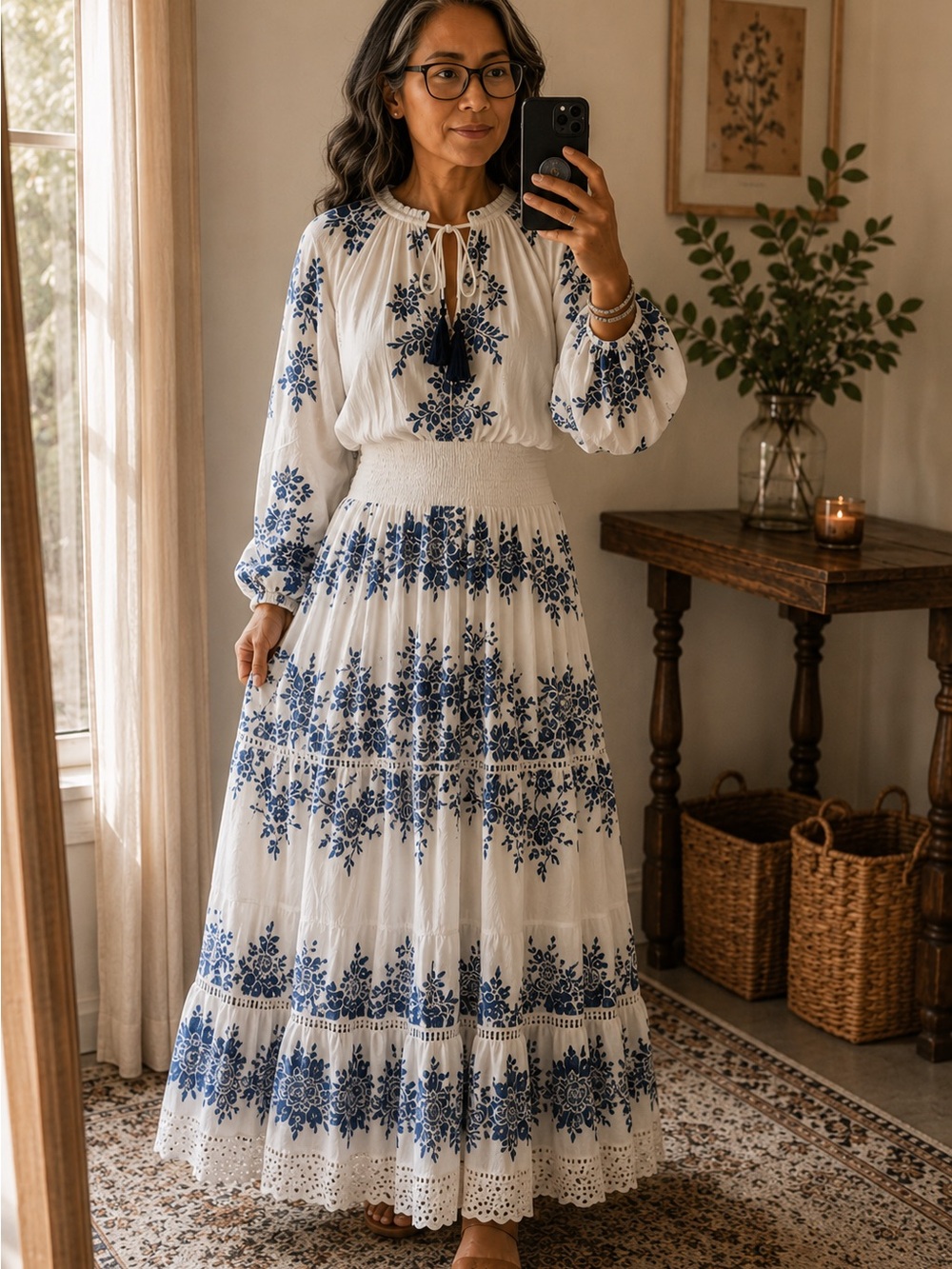 Chico’s Blue White Floral Crinkle Gauze Maxi Dress Boho Cottagecore Romantic